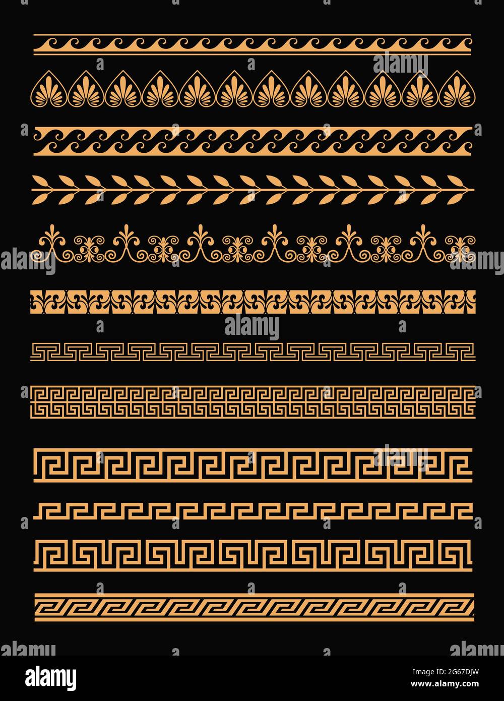 Vector illustration set of antique greek borders and seamless ornaments in golden color on black background in flat style. Greece concept elements. Stock Vector