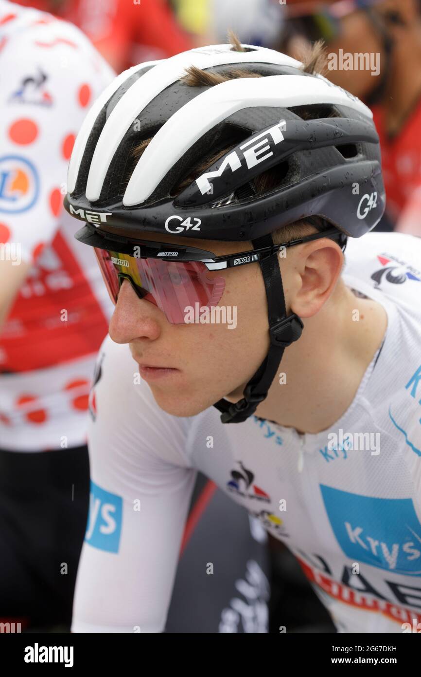 Oyonnax, France. 03 July 2021. Matej Mohoric at the start of the 8th stage of the Tour de France in Oyonnax, France. Julian Elliott News Photography Julian Elliott News Photography Credit: Julian Elliott/Alamy Live News Stock Photo
