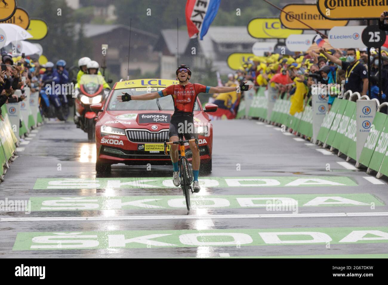 Le Grand-Bornand, France. 03 July 2021. Dylan Teuns claims the 8th stage of the Tour de France in Le Grand-Bornand. Julian Elliott News Photography Credit: Julian Elliott/Alamy Live News Stock Photo