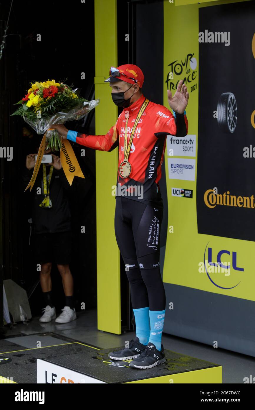 Le Grand-Bornand, France. 03 July 2021. Dylan Teuns claims the 8th stage of the Tour de France in Le Grand-Bornand. Julian Elliott News Photographyp Julian Elliott News Photography Credit: Julian Elliott/Alamy Live News Stock Photo