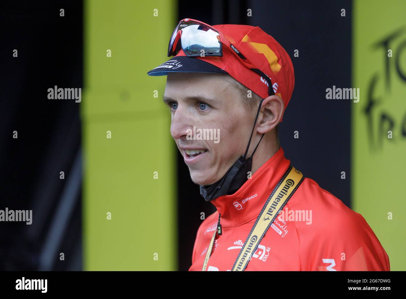 Le Grand-Bornand, France. 03 July 2021. Dylan Teuns claims the 8th stage of the Tour de France in Le Grand-Bornand. Julian Elliott News Photographyp Julian Elliott News Photography Julian Elliott News Photography Credit: Julian Elliott/Alamy Live News Stock Photo