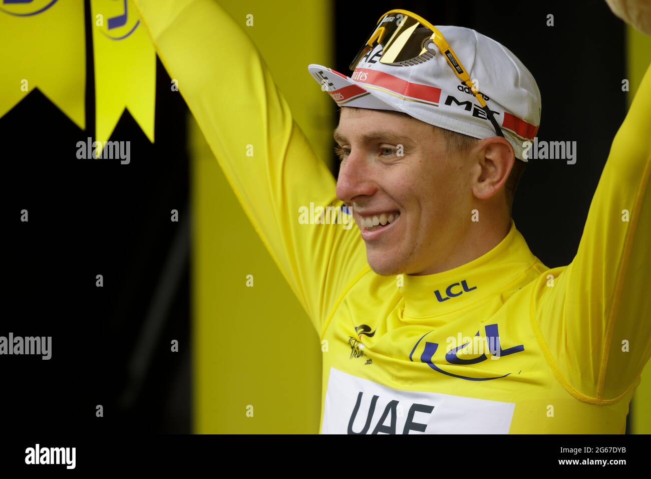 Le Grand-Bornand, France. 03 July 2021. Tadej Pogacar takes the Maillot Jaune of the 8th stage of the Tour de France. Julian Elliott News Photography Credit: Julian Elliott/Alamy Live News Stock Photo