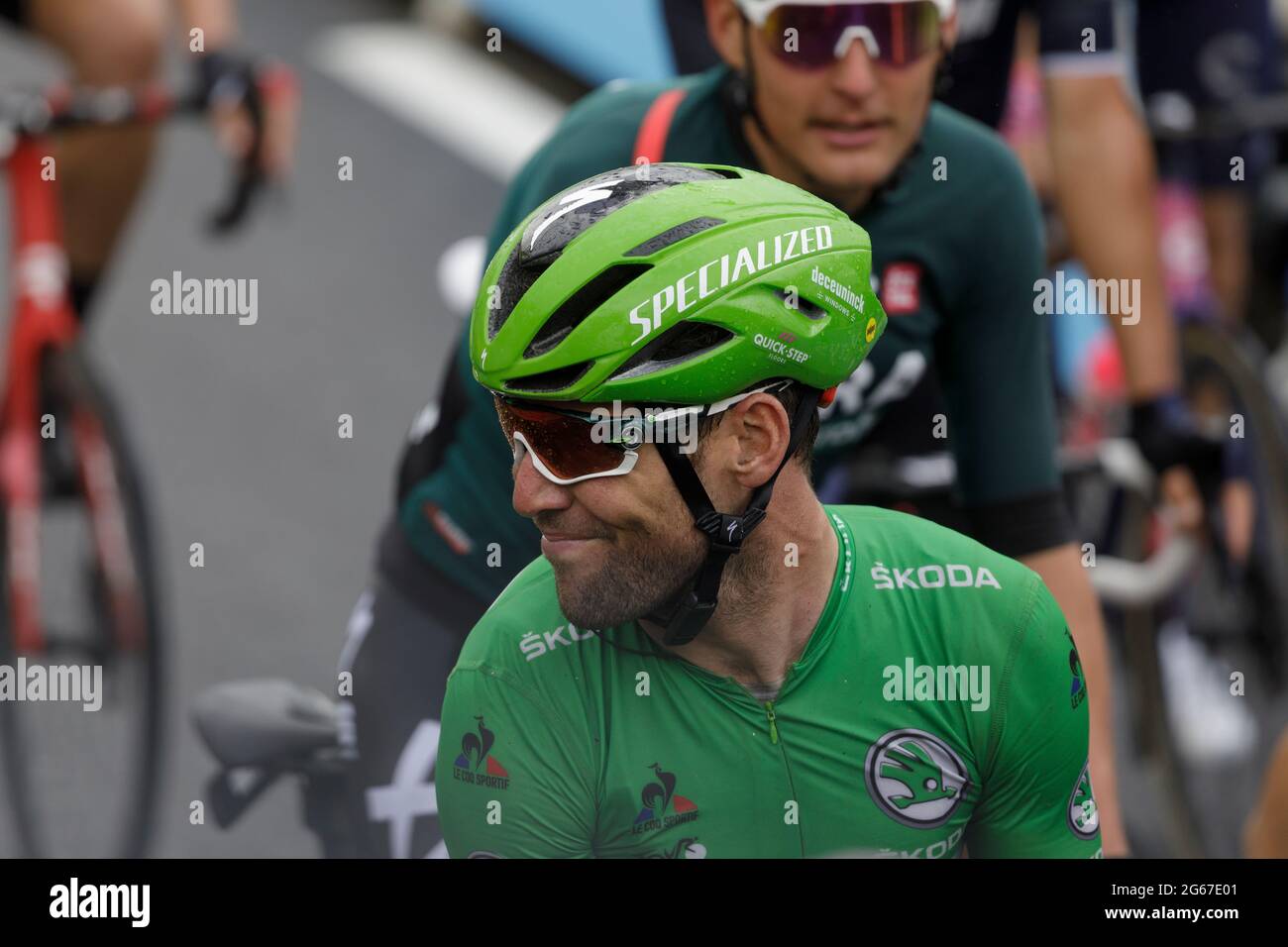 Le Grand-Bornand, France. 03 July 2021. Mark Cavendish at the finish of the 8th stage of the Tour de France in Le Grand-Bornand. Julian Elliott News Photography Credit: Julian Elliott/Alamy Live News Stock Photo