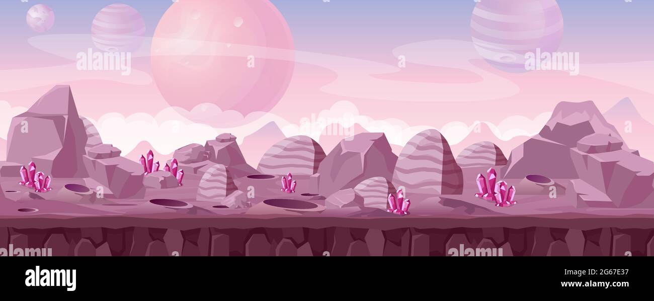 Vector illustration of beautiful alien landscape in pink colors with crystals and mountains. Other planet fantasy landscape, sci-fi background for UI Stock Vector