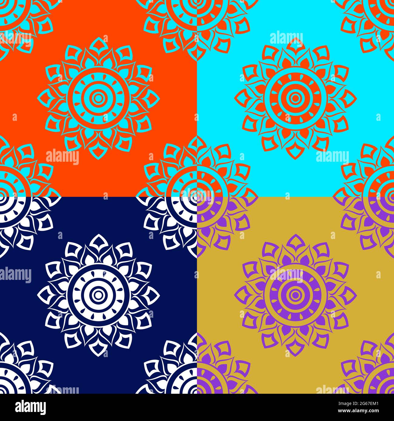 Colorful Mandala design concept of Circles, lamps, flower petals with Lush Lava, Aqua Menthe, Phantom Blue and Gold Backgrounds is in Seamless pattern Stock Vector