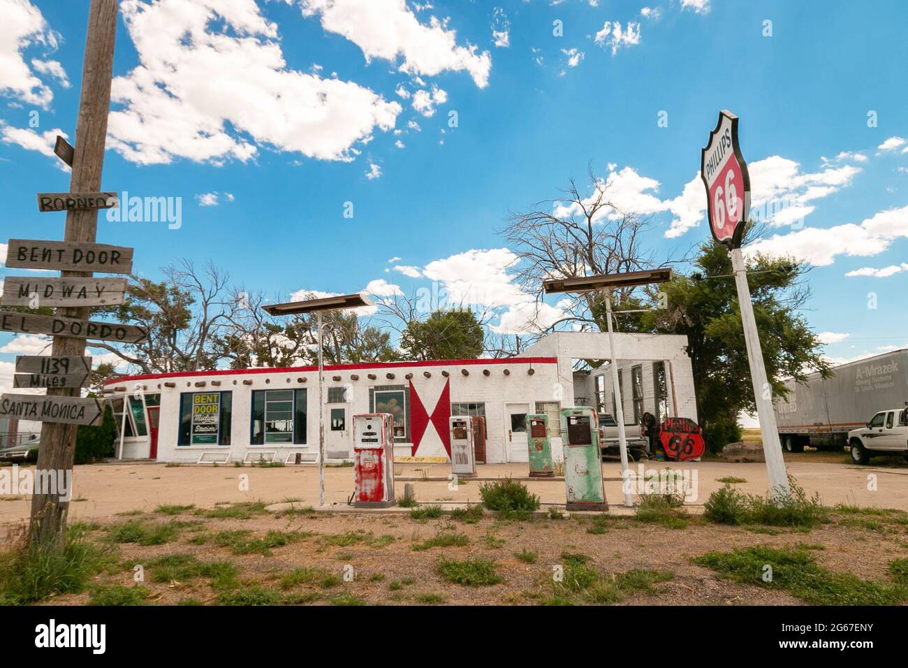 vintage Chevron gas station with pumps on Route 66 Texas Stock Photo ...