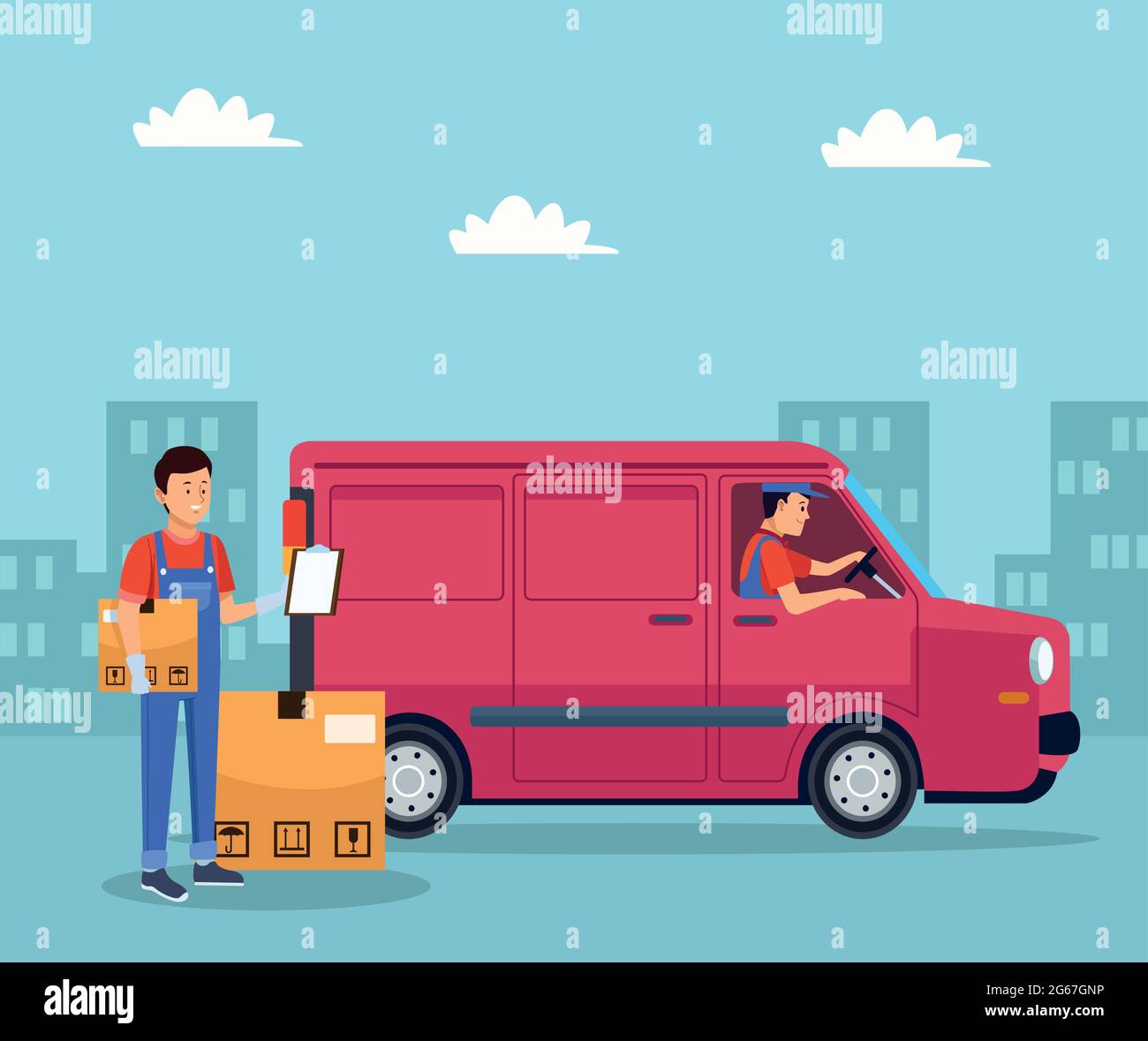 logistic workers and van Stock Vector