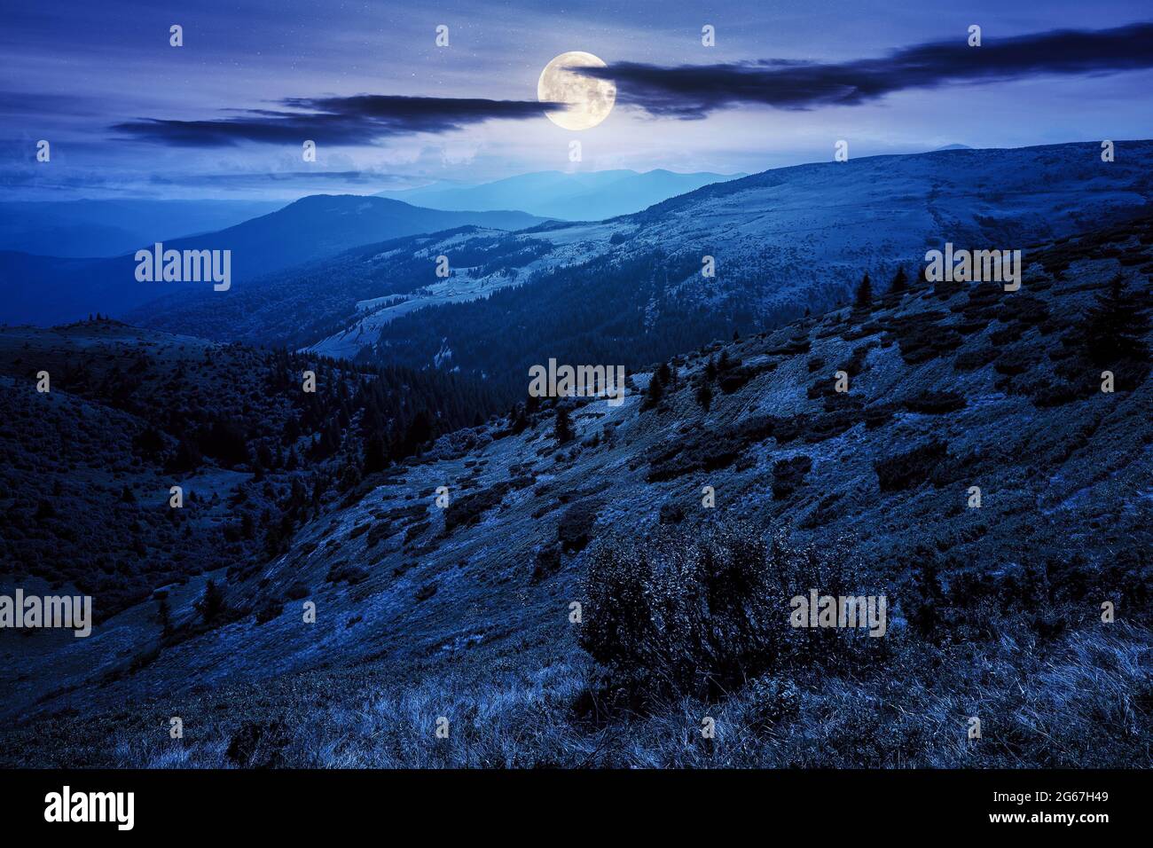 carpathian mountain landscape at night. beatiful scenery with green rolling hills in full moon light beneath a clouds on a dark sky in summer. popular Stock Photo