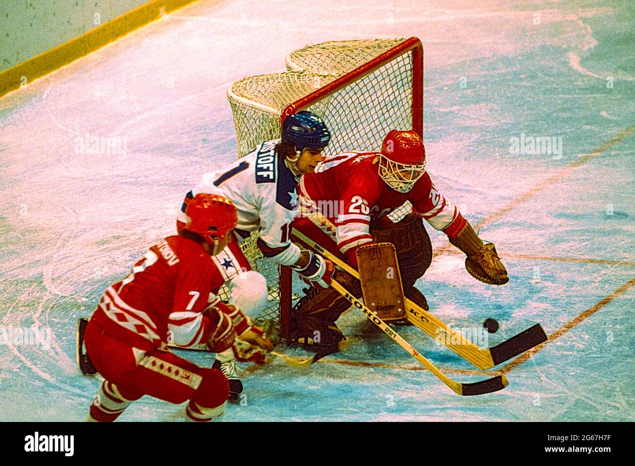 Goalie Vladislav Tretiak (URS) defends against Steve Christoff of Team