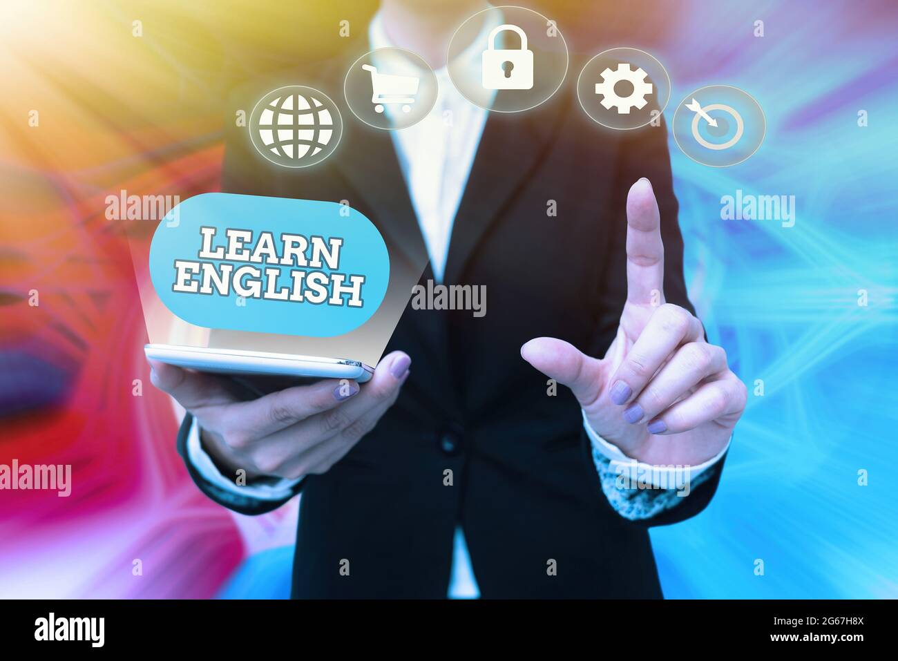 Sign displaying Learn English. Concept meaning to train writing and  speaking, focusing on the global language Lady In Uniform Holding Phone  Pressing Stock Photo - Alamy