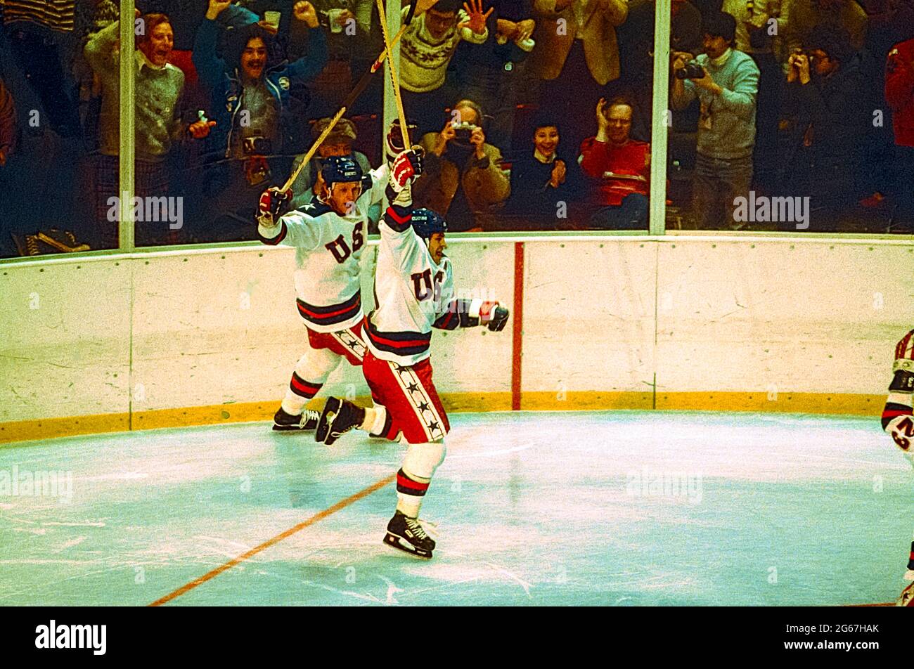 Mike Eruzione (USA) celebrates scoring the winning goal in Team USA victory over the USSR in the Men's Ice Hockey semi-final at the 1980 Olympic Winter Games. Stock Photo