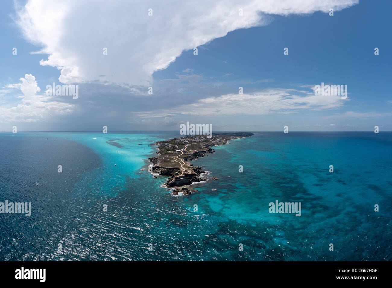 Aerial view of the clear blue waters around Punta Sur in Isla Mujeres ...