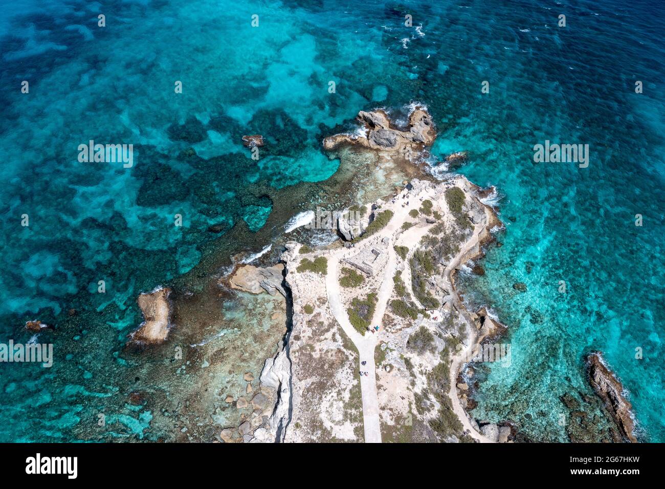 Aerial view of the clear blue waters around Punta Sur in Isla Mujeres ...
