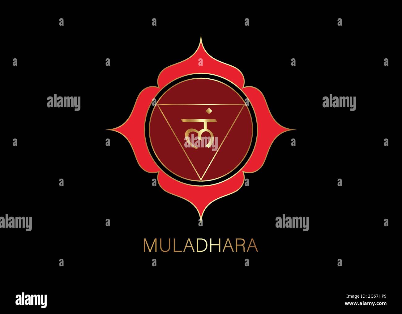 Muladhara chakra logo template. First root chakra symbol. Red and Gold sacral sign meditation, yoga mandala icon vector isolated on black background Stock Vector