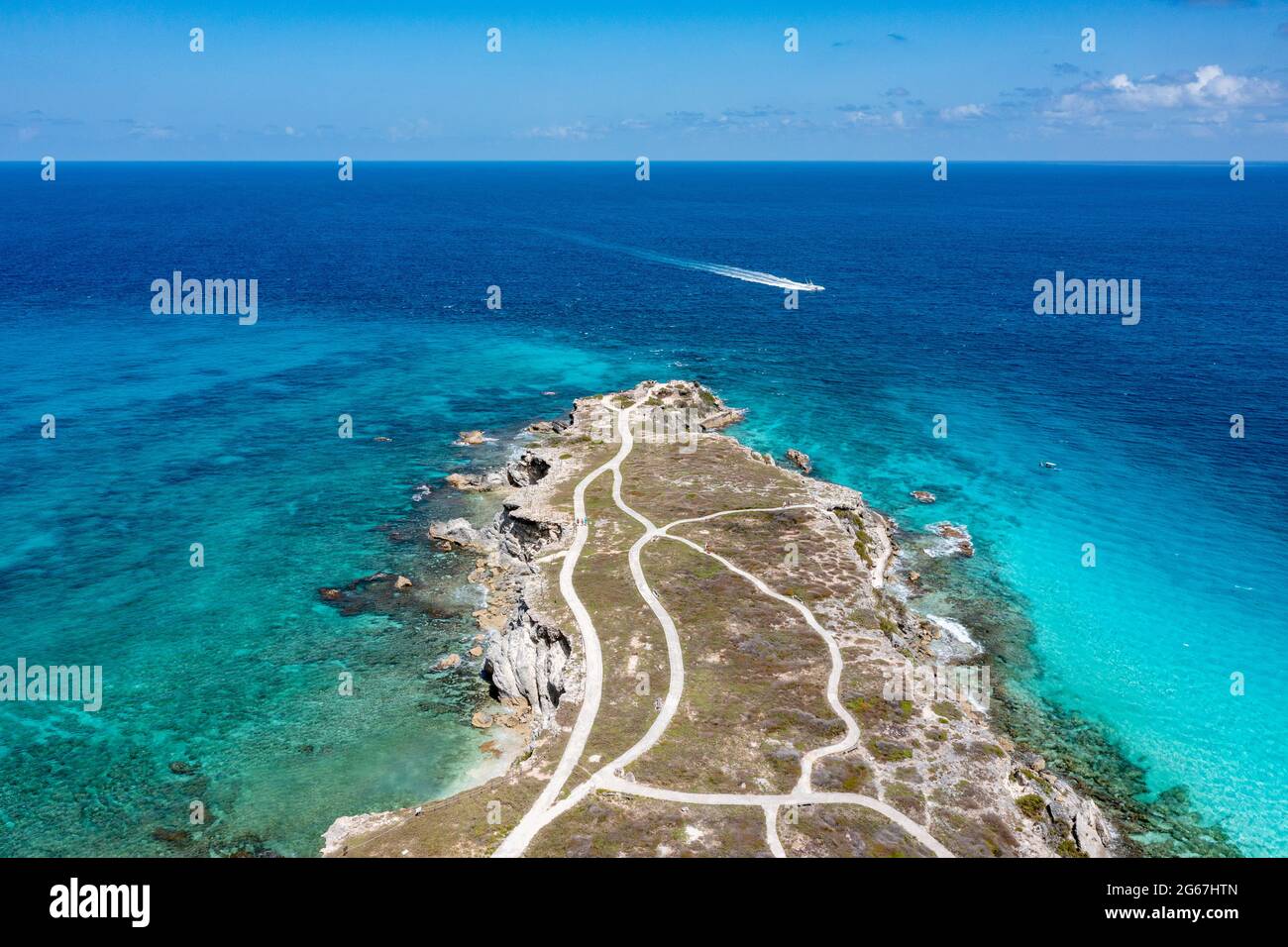 Aerial view of the clear blue waters around Punta Sur in Isla Mujeres ...