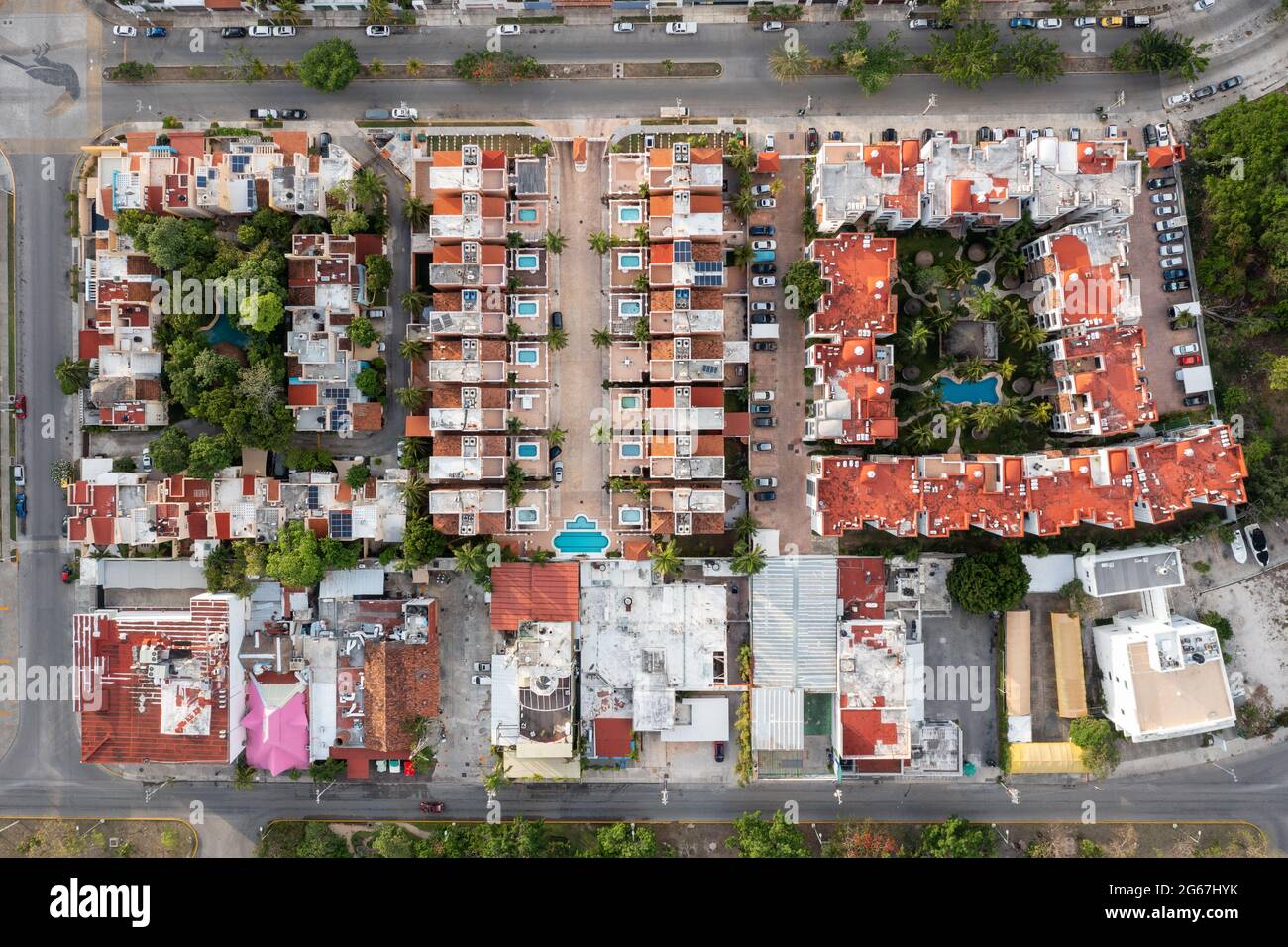 Aerial top down view of houses and housing complexes in Cancun, Mexico. Stock Photo