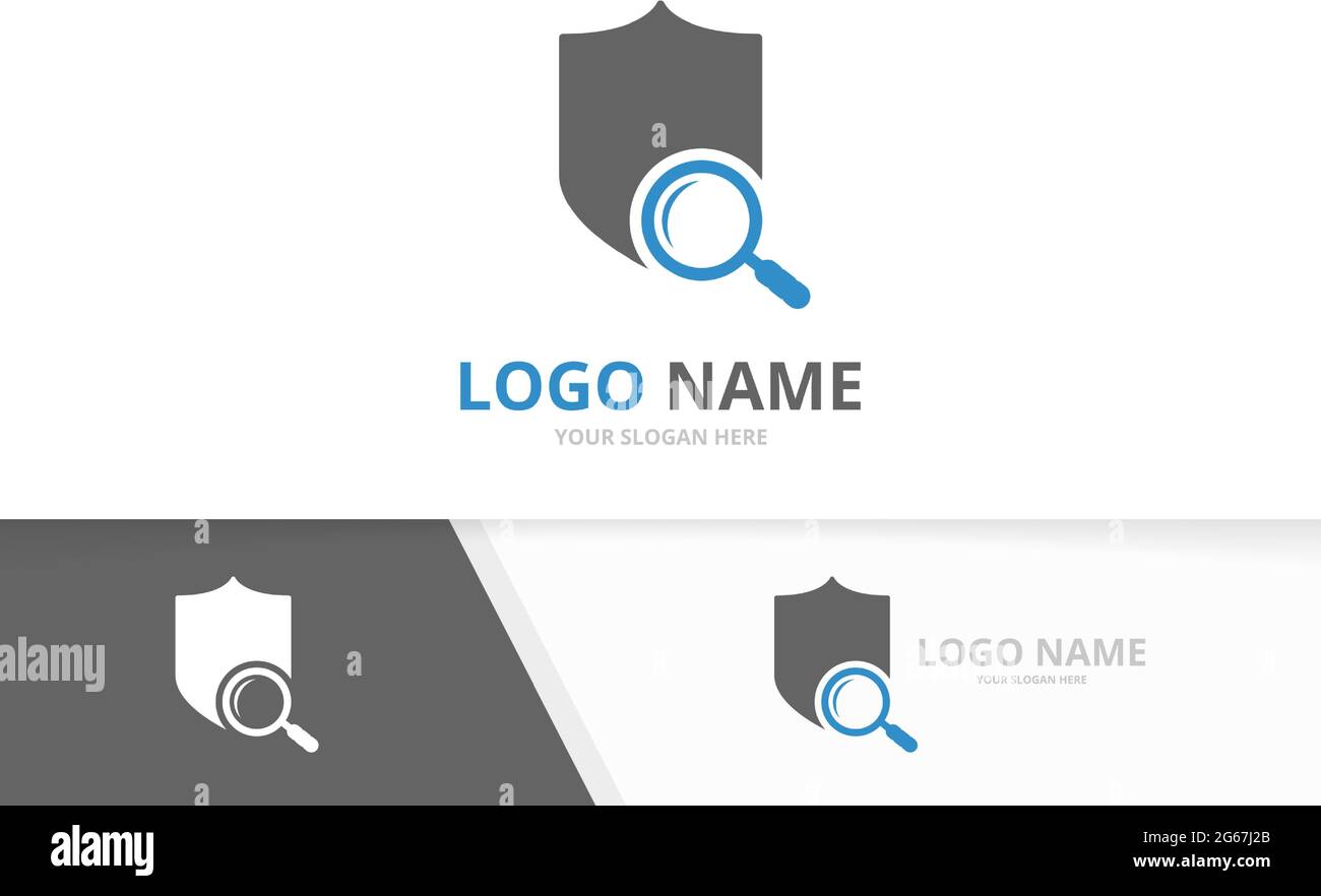 Vector shield and loupe logo combination. Safe seach logotype design template. Stock Vector
