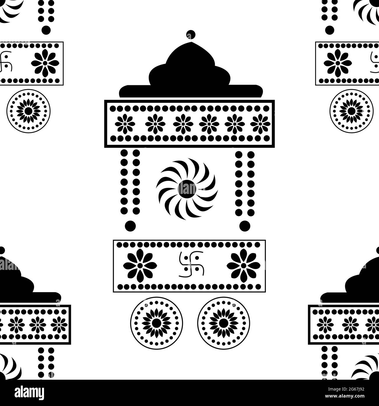 Ancient spiritual vehicle design with Rangoli is in Seamless pattern Stock Vector