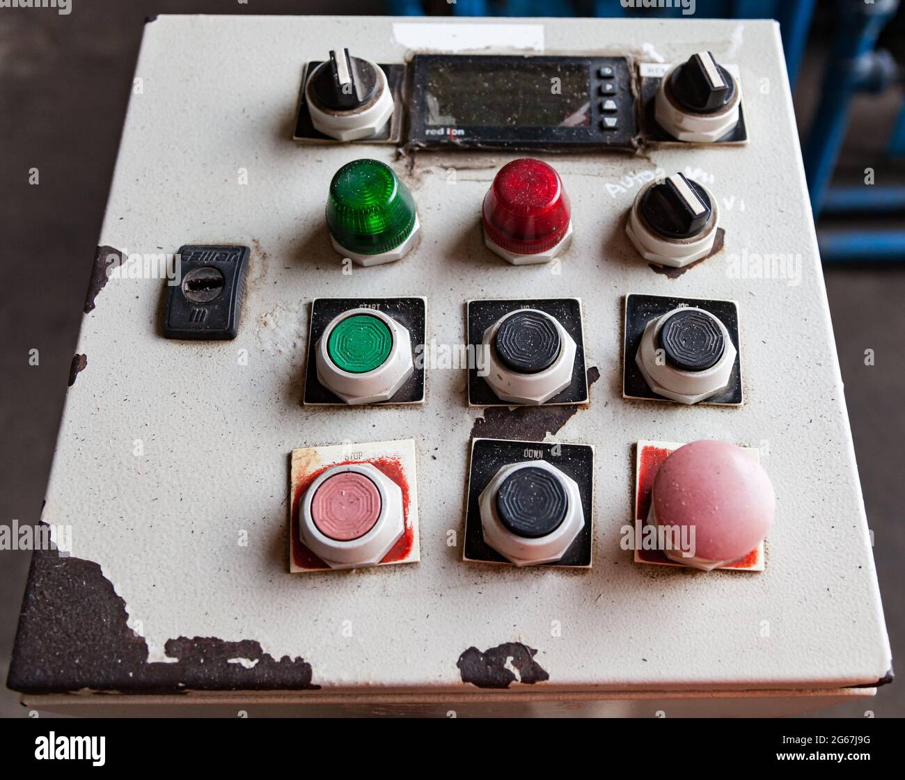 Antiquated control panel operates machinery at a sugar refinery Stock Photo