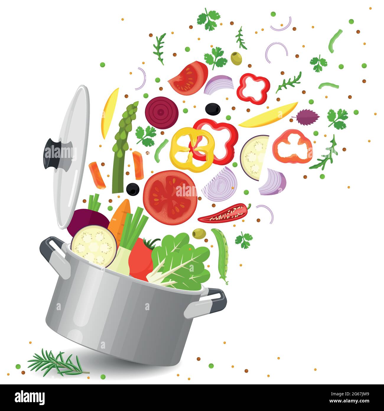Sliced vegetables in saucepan Stock Vector