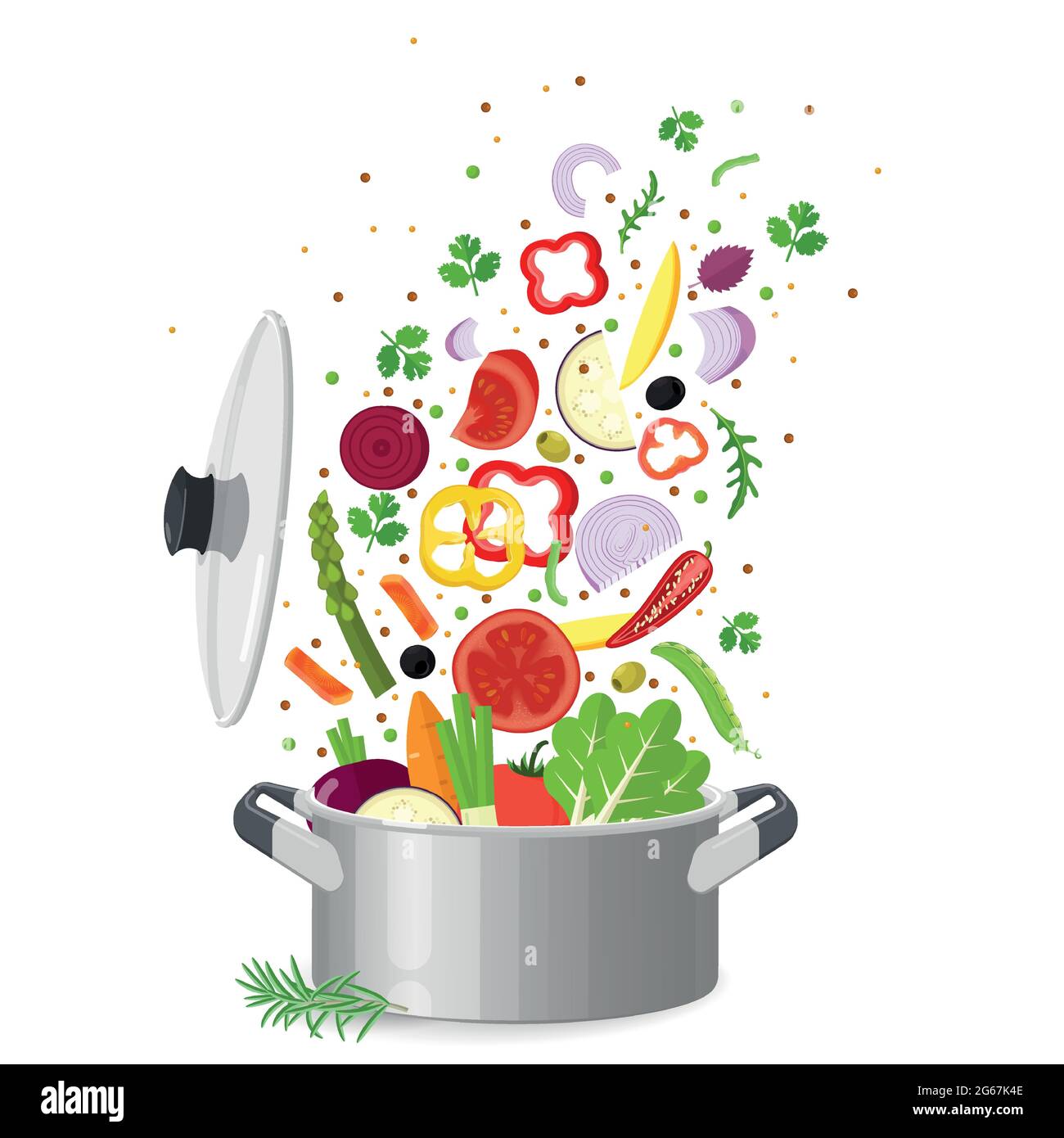 Sliced vegetables in saucepan Stock Vector