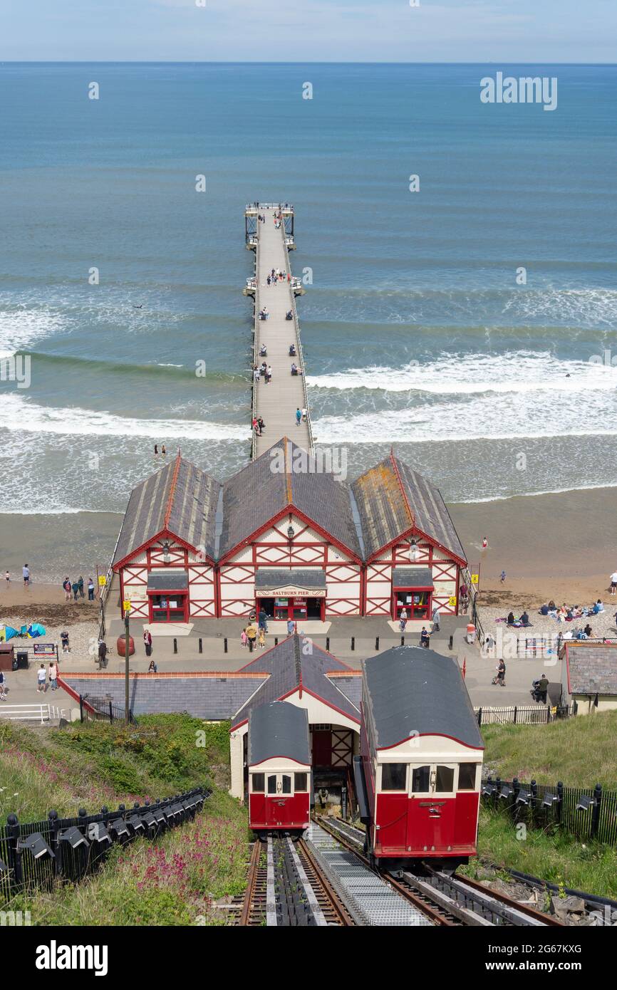 Saltburn Cliff Lift and Pier from Upper Station, Saltburn-by-the-Sea, North Yorkshire, England, United Kingdom Stock Photo