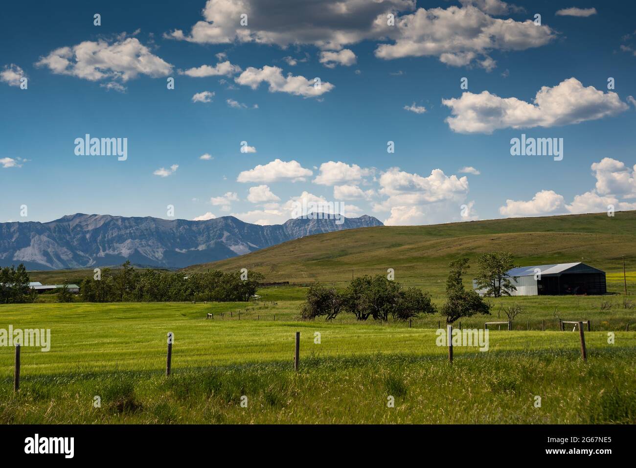 A ranching farm along the Eastern slopes of the Canadian Rocky Mountains and future coal mining development. Stock Photo