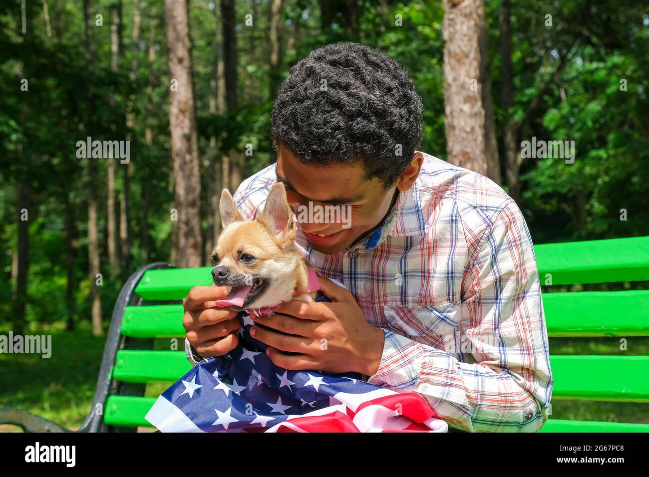 Afro American man holding a chihuahua dog wrapped in USA flag Stock Photo