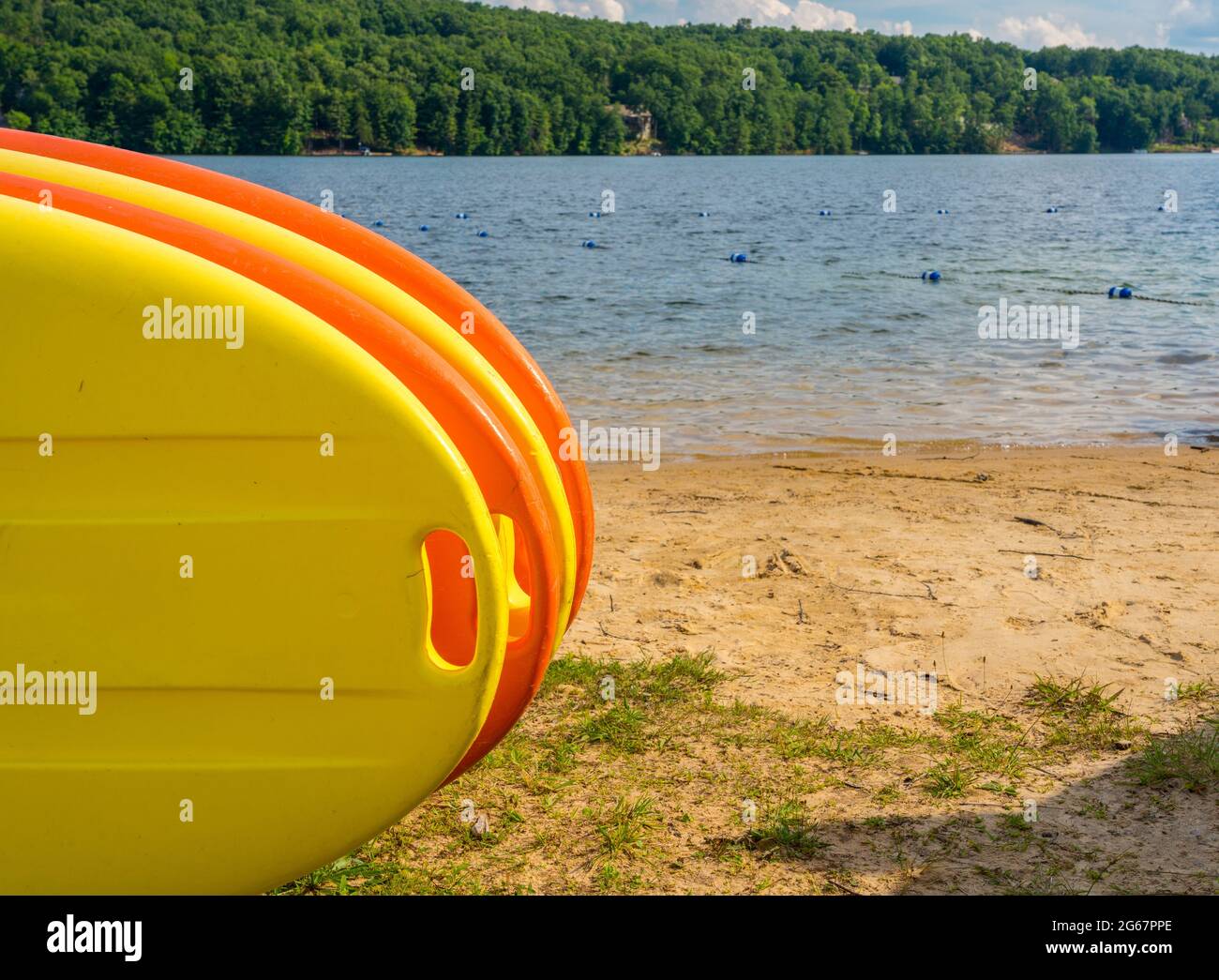 Rack of SUP or stand up paddleboards ready for rental on sandy beach by a lake in Tennessee Stock Photo