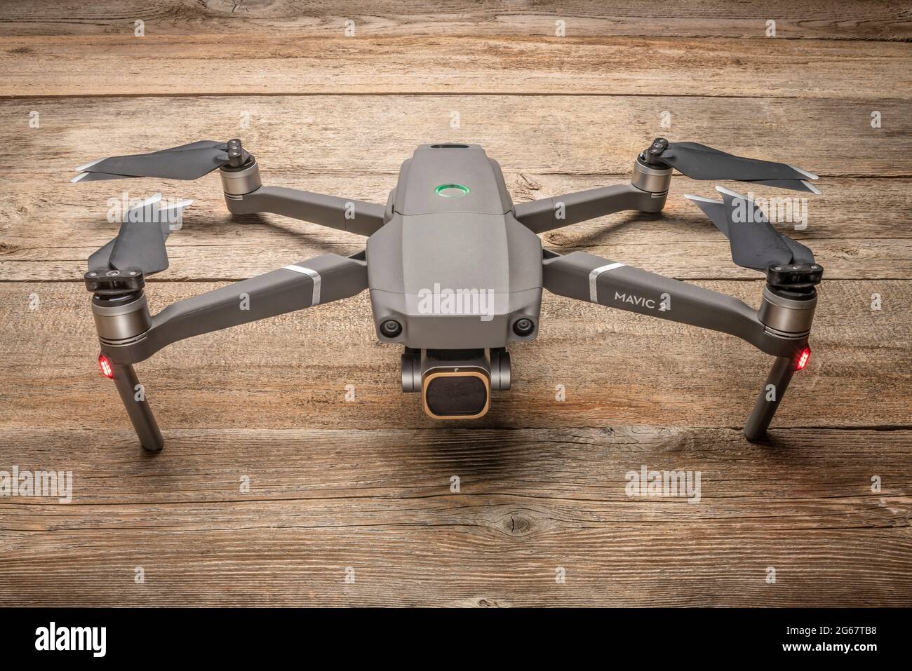 Fort Collins, CO, USA - June 30, 2021: DJI Mavic 2 pro with ND filter on a camera, an advanced prosumer folding drone ready for take off. Stock Photo