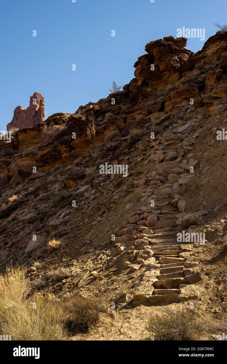 Rock Staircase Climbs Up Syncline Loop Trail in Canyonlands National Park Stock Photo