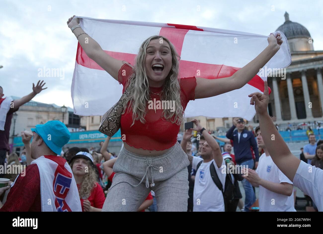 Jul With Fans Fans in Trafalgar Square, London, watching the Euro2020 quarter final ...