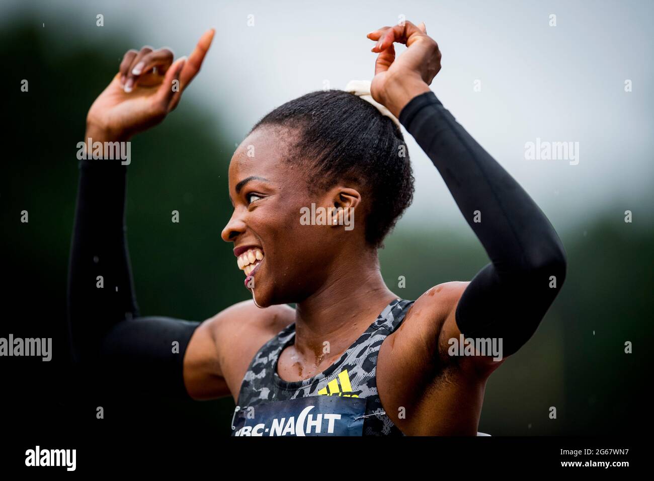 Belgian Cynthia Bolingo Mbongo celebrates a Belgian record of 50.72 at the women's 400m during the 'KBC Nacht van de Atletiek' athletics meeting in He Stock Photo