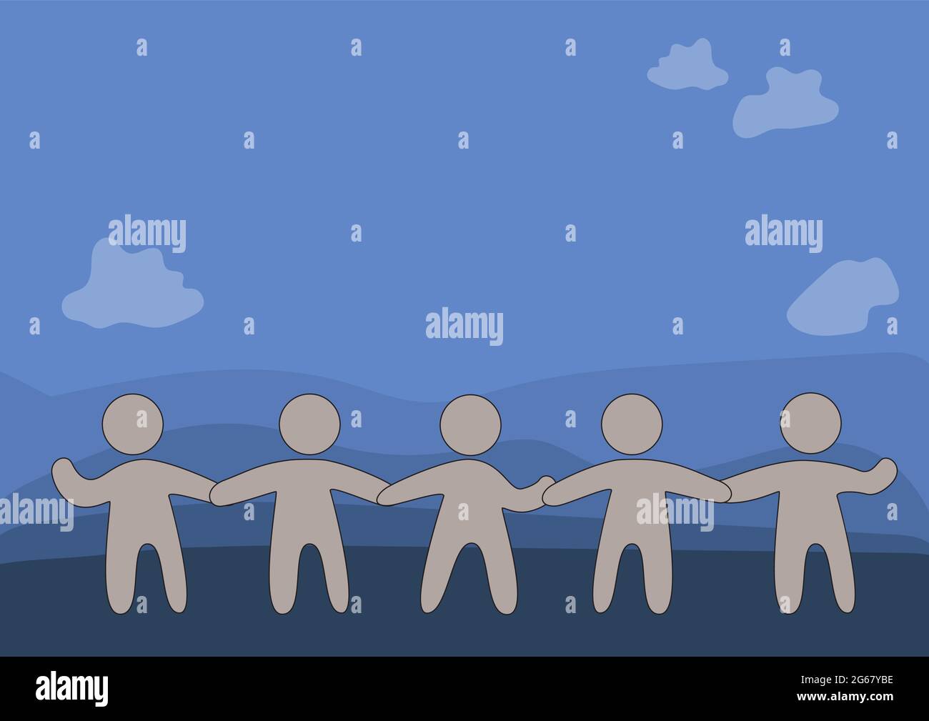 Five Standing People Drawing Holding Hands Showing Team Support And