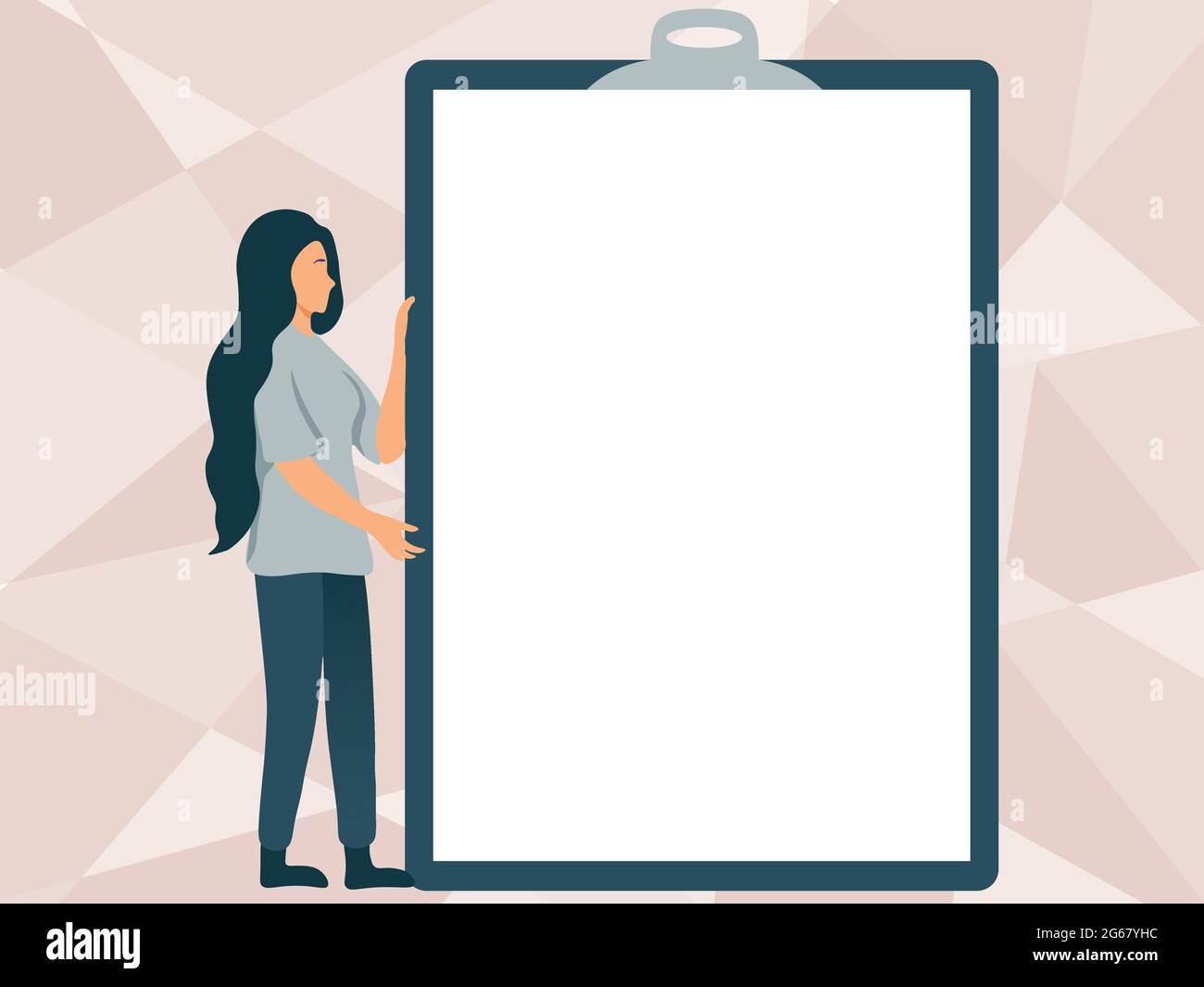 Woman Drawing Holding A Big Empty Clipboard Showing New Meaning. Young