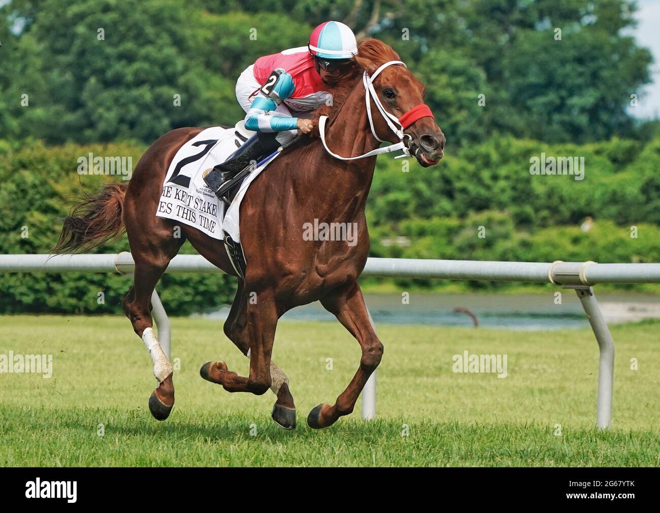 Wilmington, DE, USA. 3rd July, 2021. JULY 03, 2021: Yes This Time, #2, ridden by jockey Joe Bravo wins the Kent Stakes on July 03, 2021 at Delaware park in Willington, Delaware. Scott SerioEclipse SportswireCSM/Alamy Live News Stock Photo