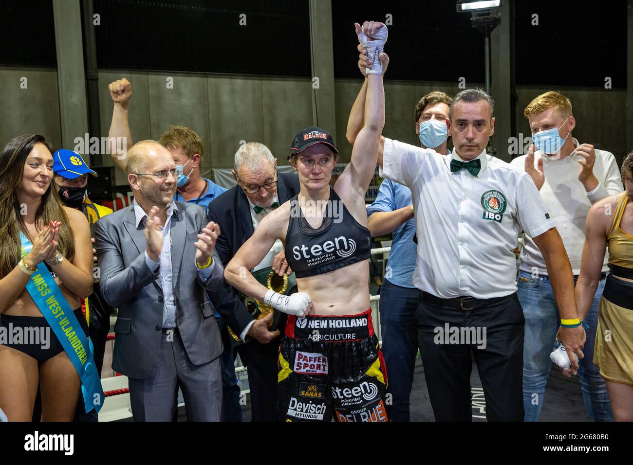 Belgian Delfine Persoon celebrates after winning the fight between Belgian Delfine Persoon and Russian Elena Gradinar, for the International Boxing Or Stock Photo