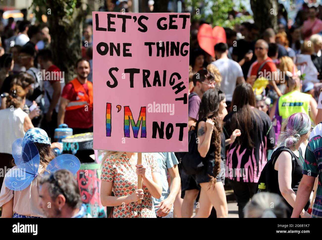 (210703) -- ZAGREB, July 3, 2021 (Xinhua) -- Members and supporters of the LGBTQ community gather during the Pride Parade in Zagreb, Croatia, on July 3, 2021. (Jurica Galoic/Pixsell via Xinhua) Stock Photo