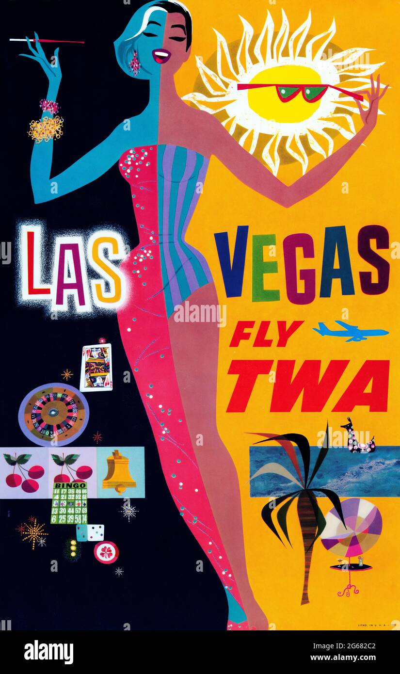 Fly TWA, Las Vegas, Vintage Travel Poster, TWA – Trans World Airlines operated from 1930 until 2001. David Klein 1950s. Stock Photo