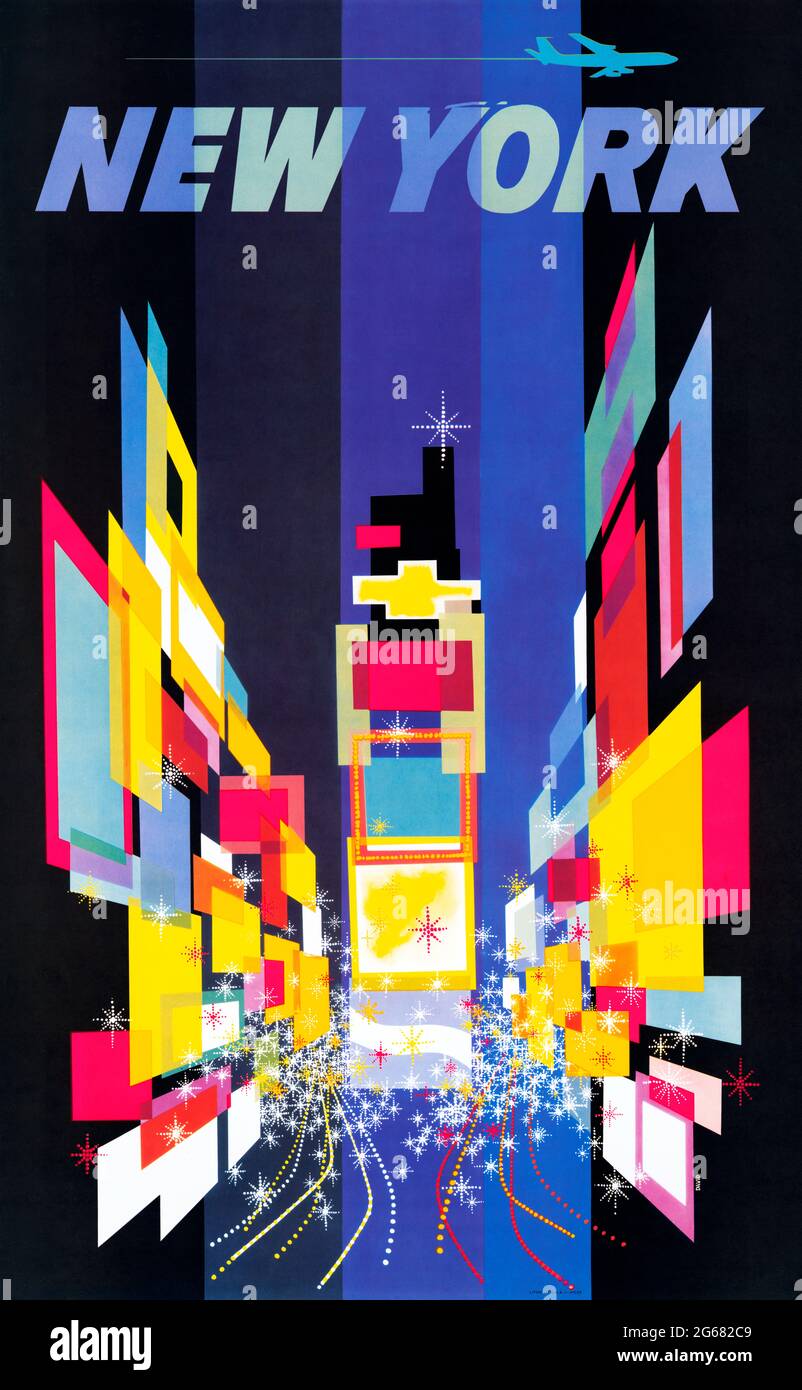 Fly TWA, New York travel poster, Times Square. Vintage Travel Poster, TWA – Trans World Airlines. Artist: David Klein. TWA-logo removed. 1956. Stock Photo