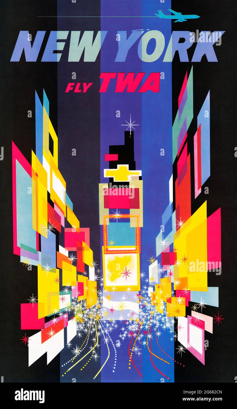 Fly TWA, New York travel poster, Times Square. Vintage Travel Poster, TWA – Trans World Airlines operated from 1930 until 2001. David Klein 1956. Stock Photo