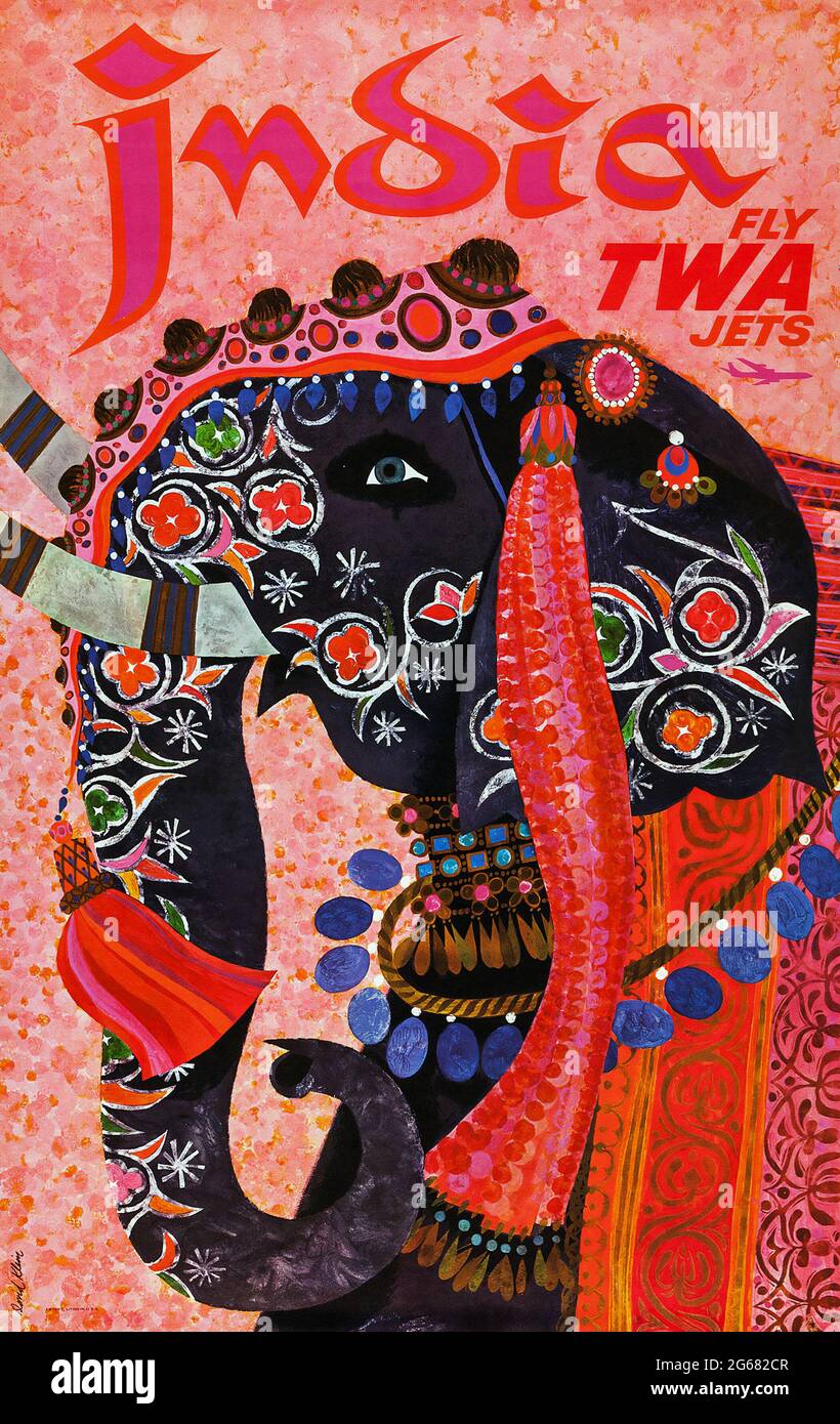 Fly TWA Jets, India, Vintage Travel Poster, TWA – Trans World Airlines. High resolution poster. David Klein artwork. Circa 1960. Elephant. Stock Photo