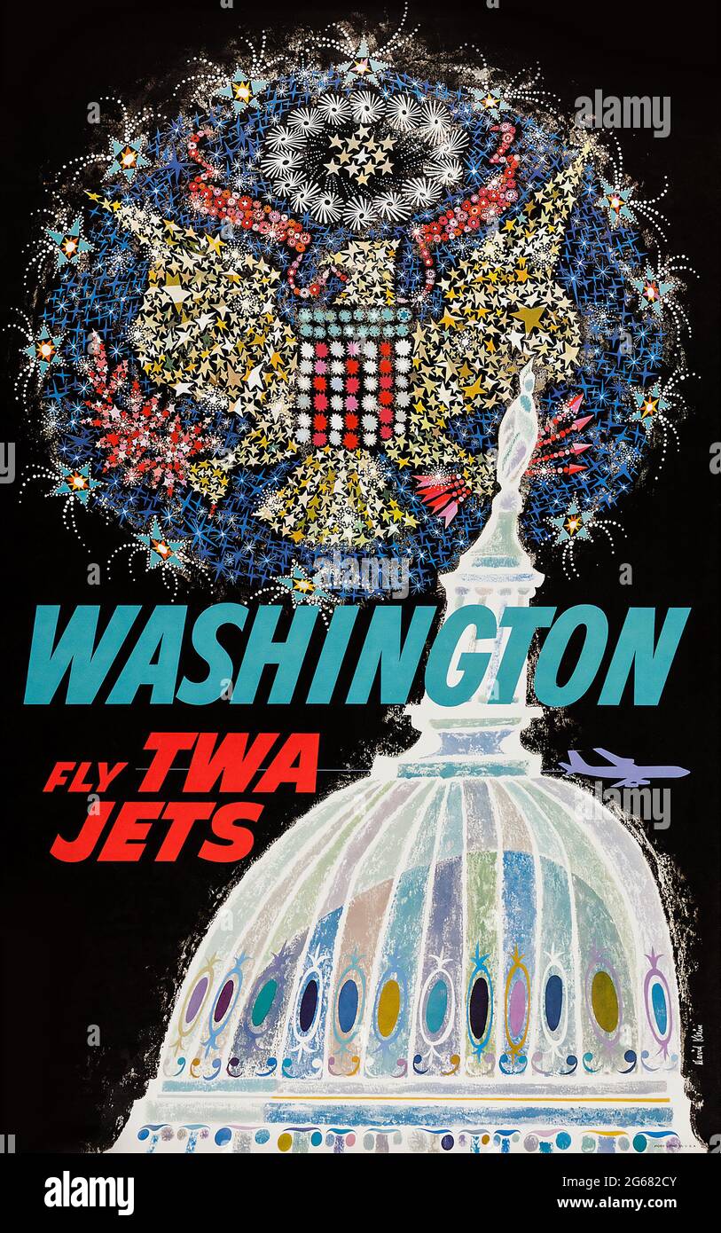 Fly TWA Jets Washington, Vintage Travel Poster, TWA – Trans World Airlines operated from 1930 until 2001. David Klein 1955. Stock Photo