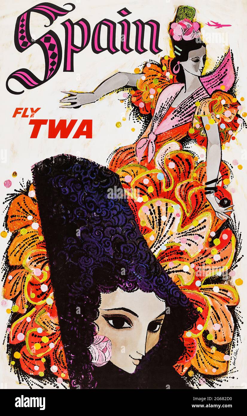 Fly TWA, Spain, Vintage Travel Poster, TWA – Trans World Airlines operated from 1930 until 2001. Artwork by David Klein, 1960s. Flamenco. Stock Photo