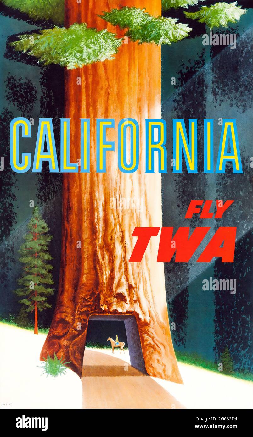 Fly TWA, California, Vintage Travel Poster, TWA – Trans World Airlines operated from 1930 until 2001. High resolution poster. Art by David Klein. 1950 Stock Photo