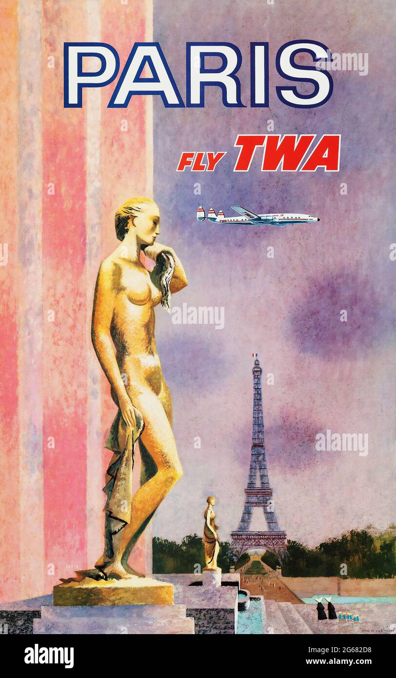 Fly TWA, Paris, Vintage Travel Poster, TWA – Trans World Airlines operated from 1930 until 2001. Art work by David Klein – 1960. Stock Photo