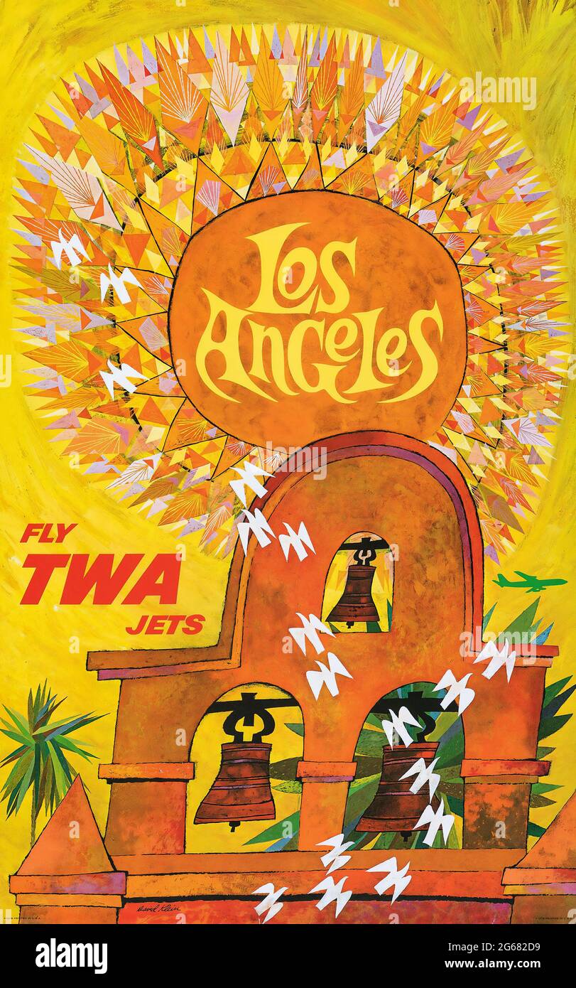 Fly TWA jets, Los Angeles, Vintage Travel Poster, TWA – Trans World Airlines operated from 1930 until 2001. David Klein 1959. Stock Photo