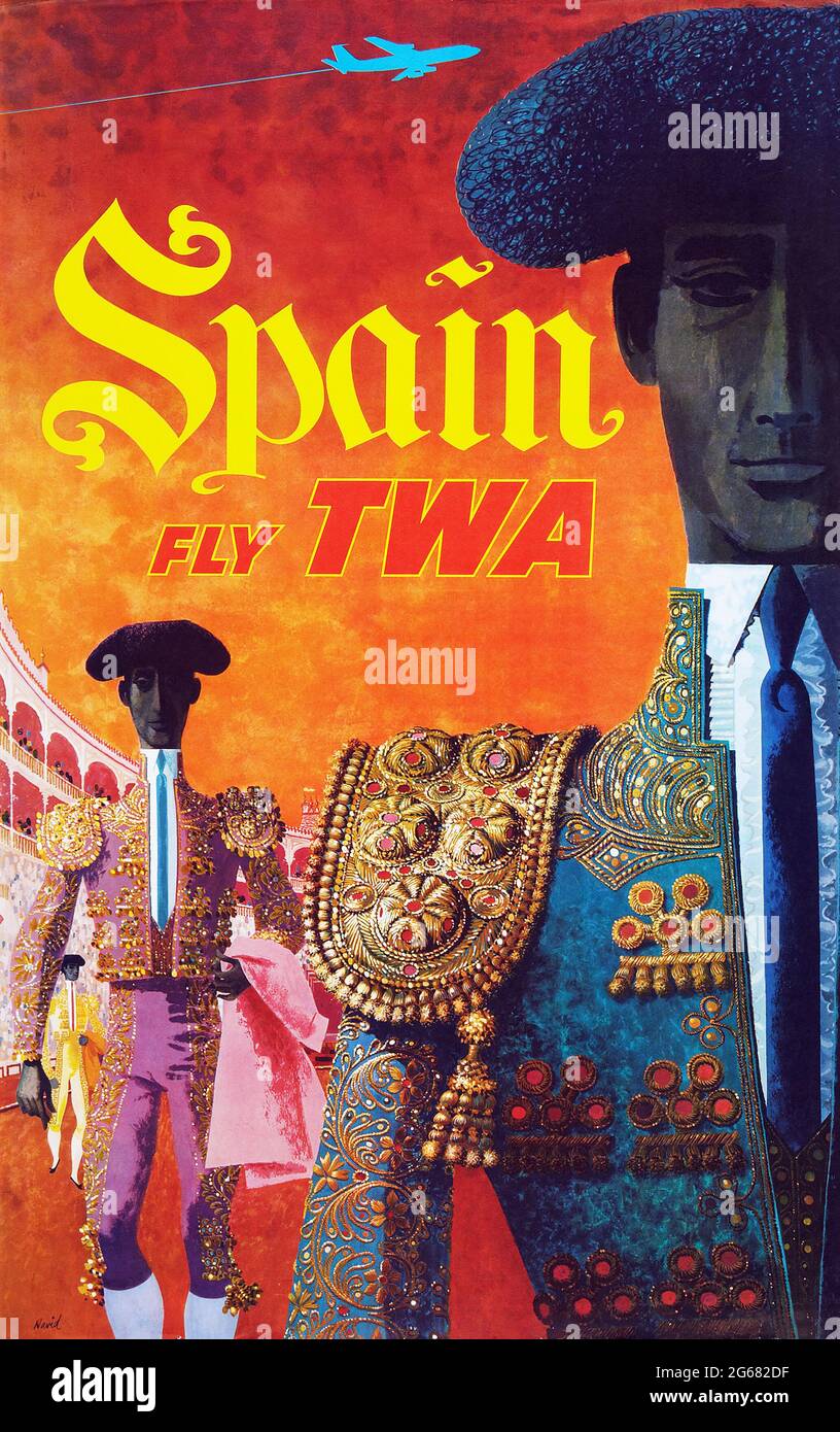 Fly TWA, Spain, Vintage Travel Poster, TWA – Trans World Airlines operated from 1930 until 2001. Artist: David Klein. Mid 1950's. Stock Photo