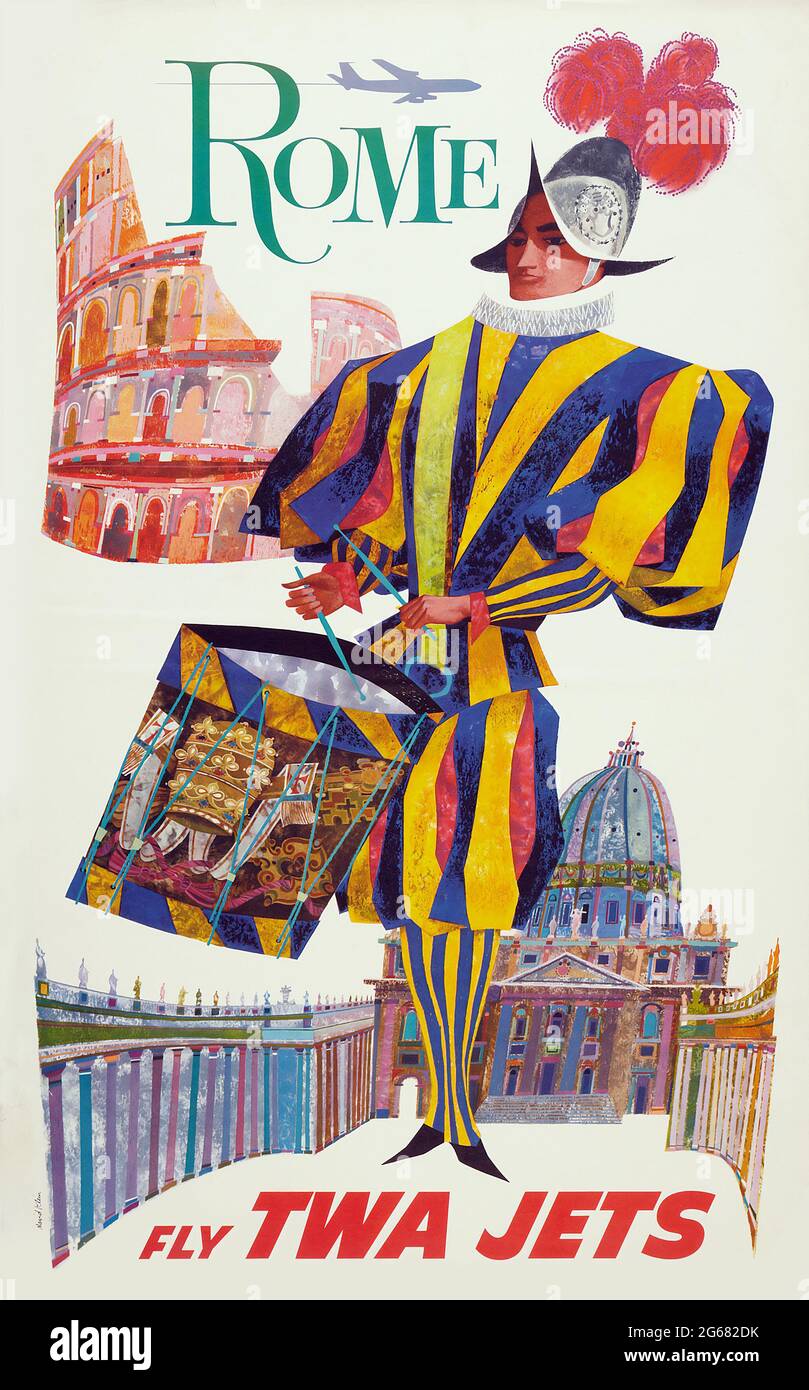 Fly TWA, Rome, Vintage Travel Poster, TWA – Trans World Airlines operated from 1930 until 2001. Art by David Klein, 1960. TWA Jets. Stock Photo