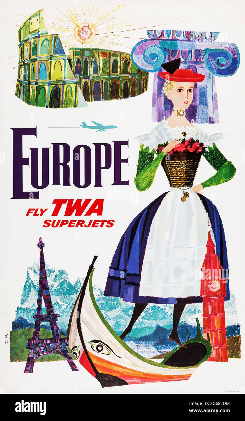 Fly TWA, Europe, Vintage Travel Poster, TWA – Trans World Airlines operated from 1930 until 2001. David Klein art. C 1960. Stock Photo